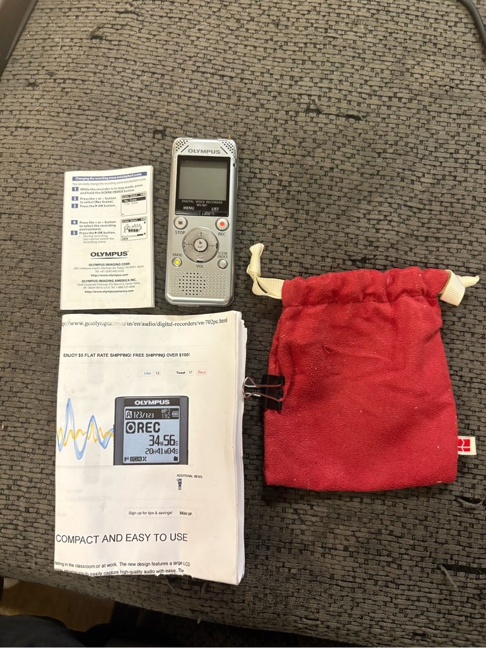 Olympus Silver Digital Voice Recorder with Red Drawstring Pouch